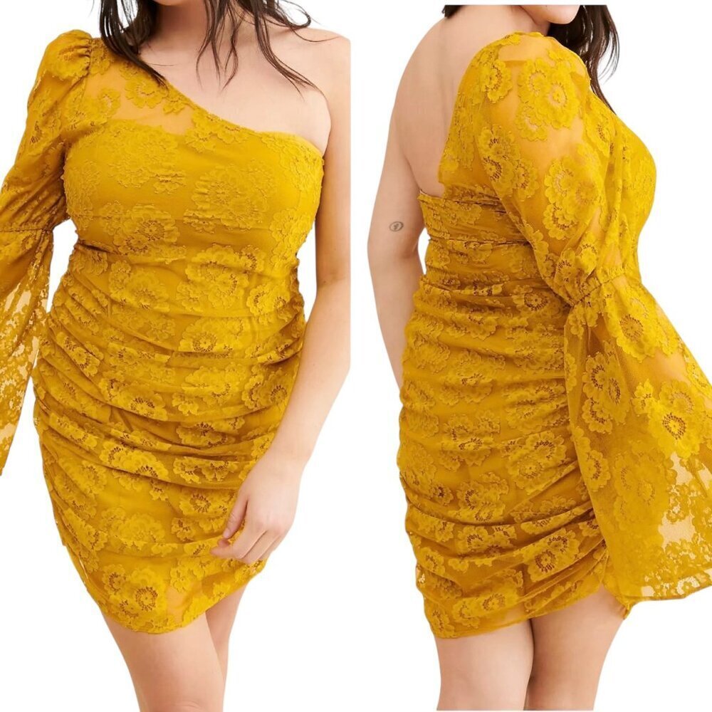 For Love & Lemons Tiana One-Shoulder Lace Mini Dress Yellow Medium NWT
